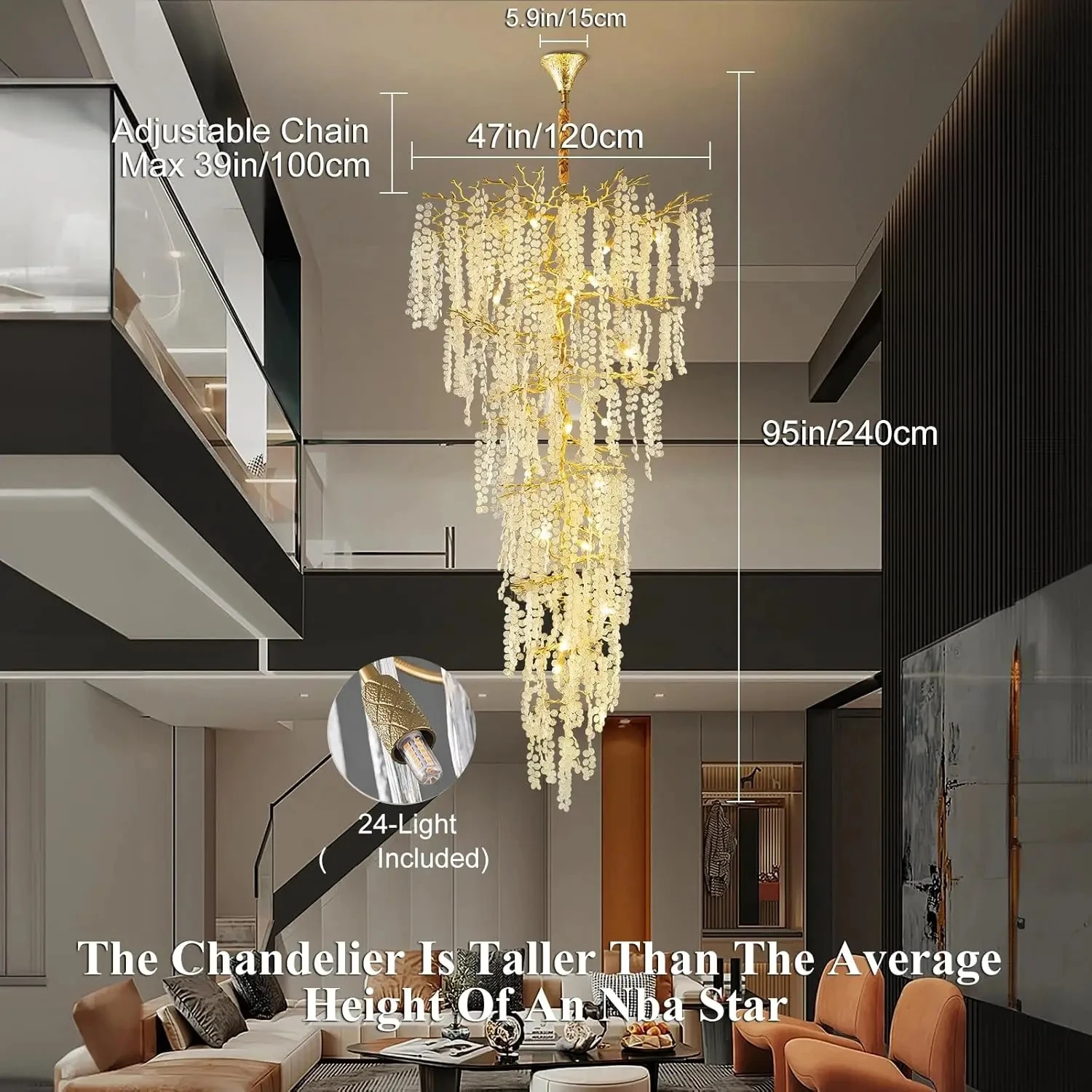 Luxury Gold Staircase Crystal Chandeliers Large  Crystal Branch Hanging Chandelier For High Ceiling Living Room Foyer Entryway