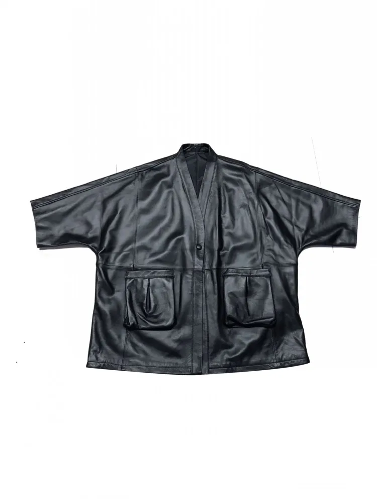 Nuova giacca da donna in vera pelle Harajuku con scollo a V vestibilità ampia con bottone singolo streetwear cappotto di pelle di pecora medio lungo casual oversize