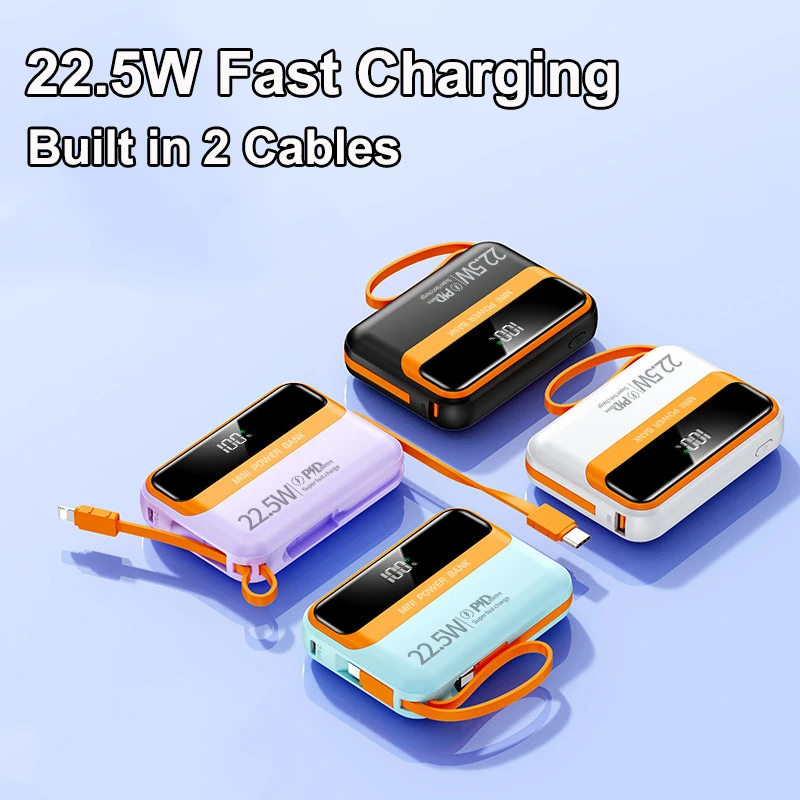 

20000mAh Power Bank 22.5W Fast Charging Built-in Cable External Battery Portable Charger For iPhone 17 Samsung S25 Xiaomi Huawei