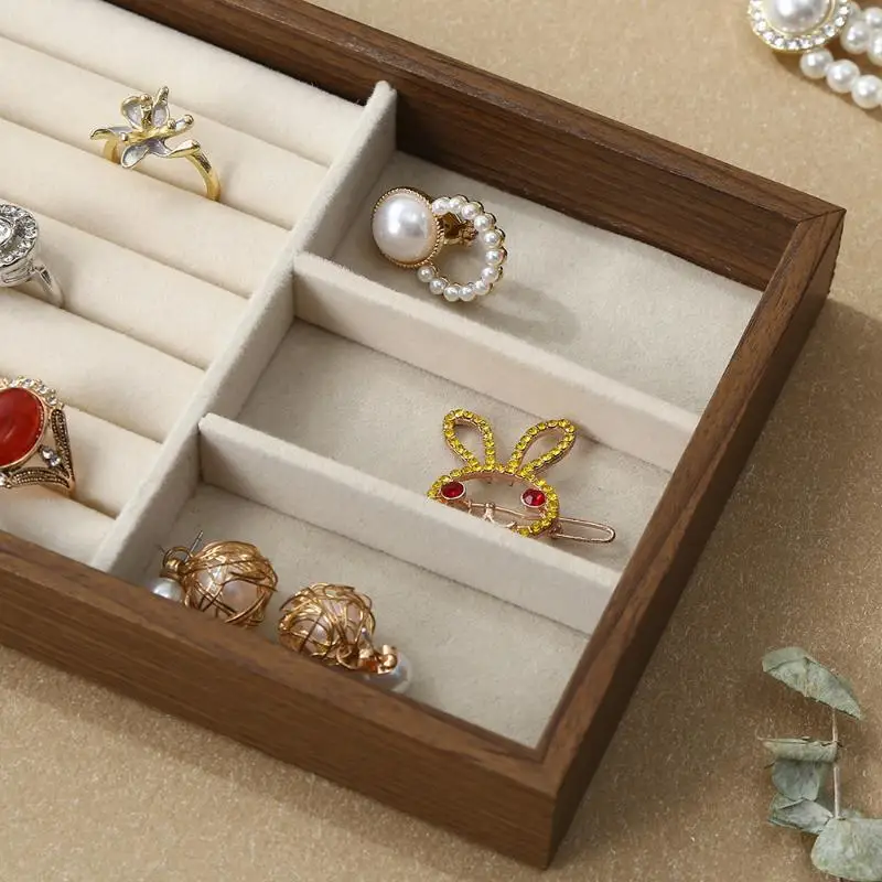 Walnut Wood Jewelry Display Tray With Velvet Lining,Ring Necklace Bracelet Stackable Organizer,for Counter Storage & Trade Show