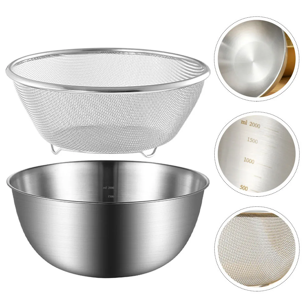 

1Set Multi-Functional Stainless Steel Mesh Strainer Basin Flat Bottom Anti-Slip Rice Fruit Vegetable Washer Colander Set Kitchen