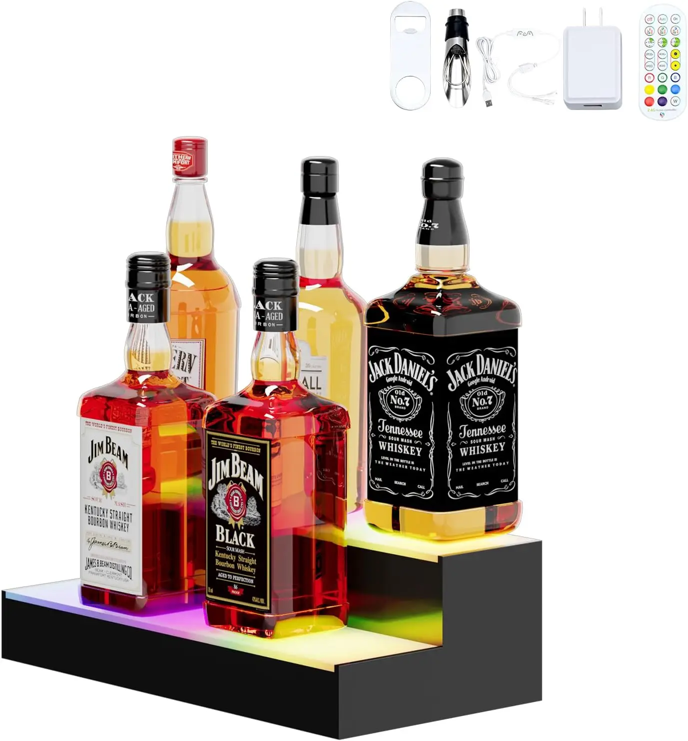 

2-Tier 15-Inch Acrylic Liquor Bottle Display Shelf with Multi-Color Bar Shelves for Commercial Clubs