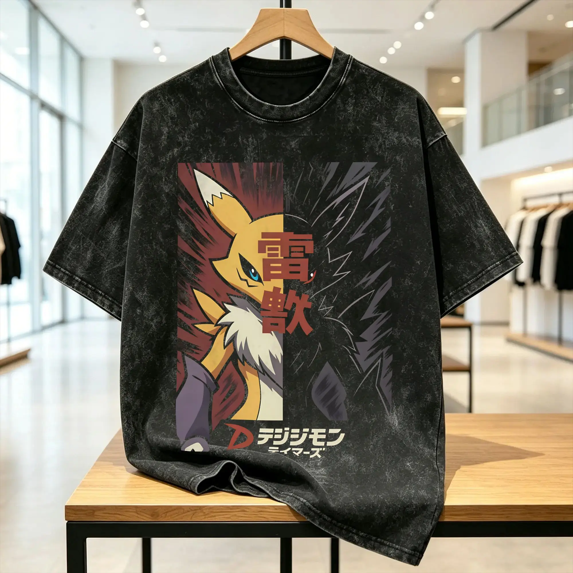 Moiré Renamon Spirit Washed T Shirt Man Digimon Streetwear Cotton T Shirts Beach O Neck Novelty Tee Shirt Oversize Clothing