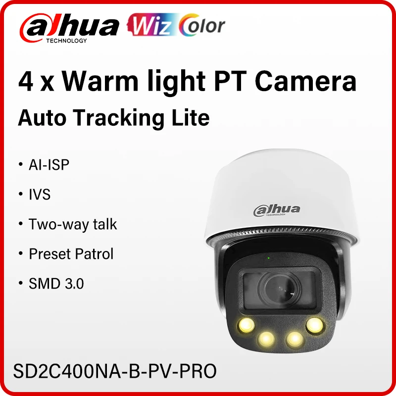 

Dahua 4MP WizColor PT Camera Auto Tracking Perimeter Protection PoE Camera Preset Patrol Two-way Talk SMD 3.0 SD2C400NA-B-PV-PRO
