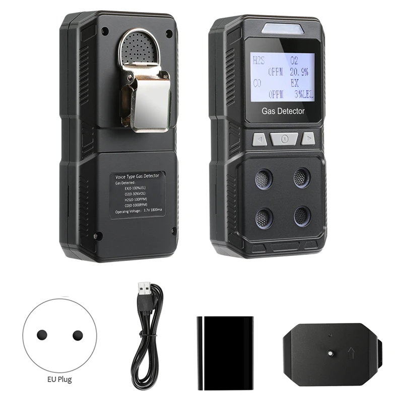 Portable 4 Gas Detector Toxic And Combustible Gas Detector Analyzer High Precision EX O2 H2S CO EU Plug