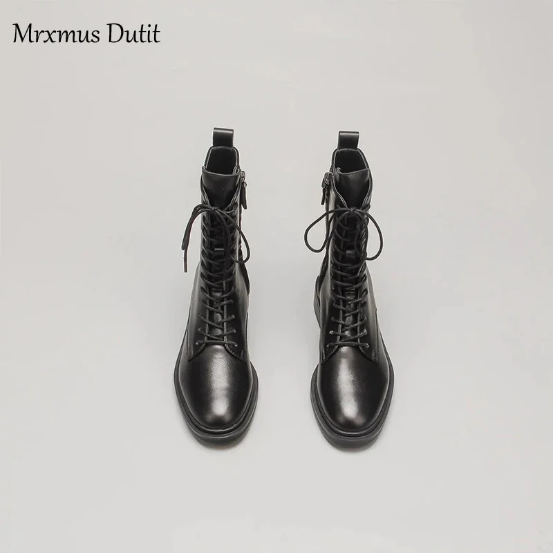 Mrxmus Dutit 2024 Autumn Winter Fashion New Women Genuine Leather Lacing Flat Short Boots Round Head Simple Casual Short Female