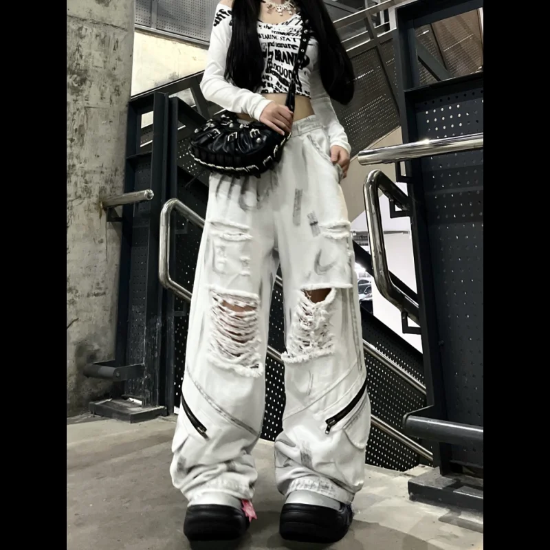 Womens White Graffiti Cargo Jeans Ripped Wide Leg Loose Draped Denim Pants for Jazz Hip Hop Dance and Street Style Outfits