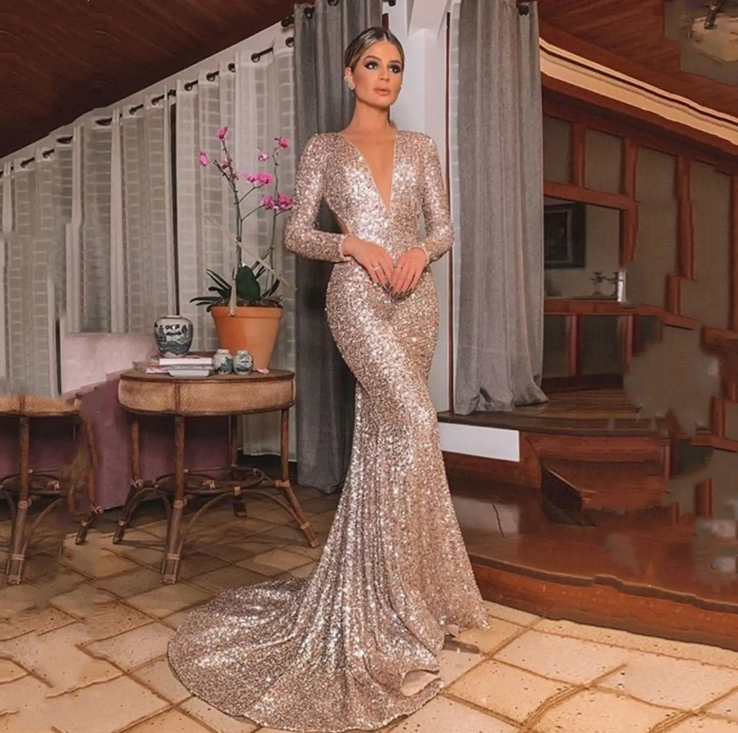 Lucy Evening Dress Sequins Mermaid Grace Backless Ball Gown Midi Dresses With Long Sleeves Robe Soiree De Luxe 2024 Customized