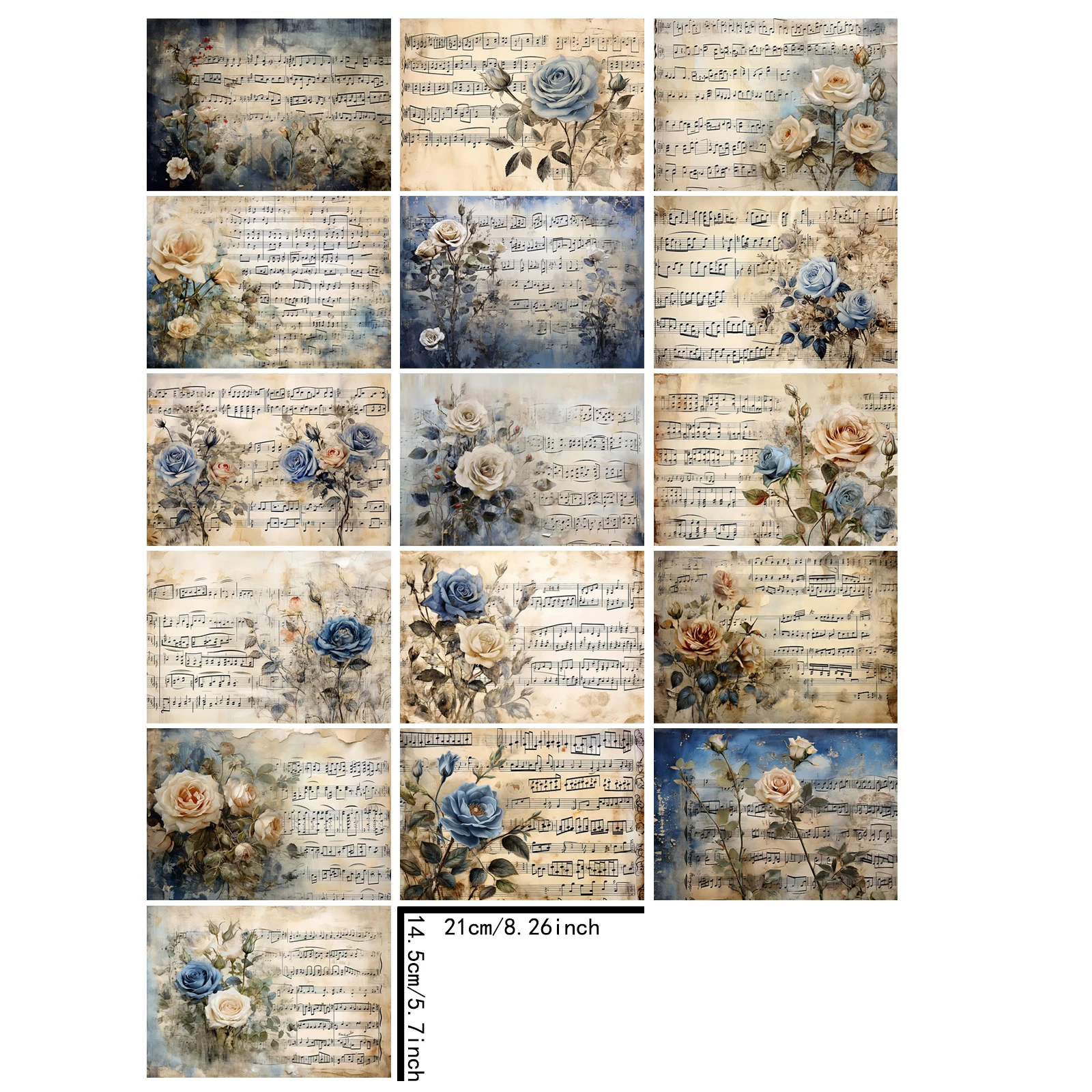 16 Sheets A5 Size Retro White Rose Flowers Blue Background Sheet Music Vintage Grunge Journal Planning Scrapbooking