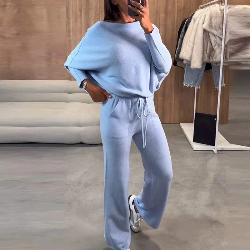 Kobiety Casual Long Sleeve Solid Homewear Suit Elegant Wide Leg Loose 2Pc Outfits Sexy Off Shoulder Pullover Top & Long Pant Sets