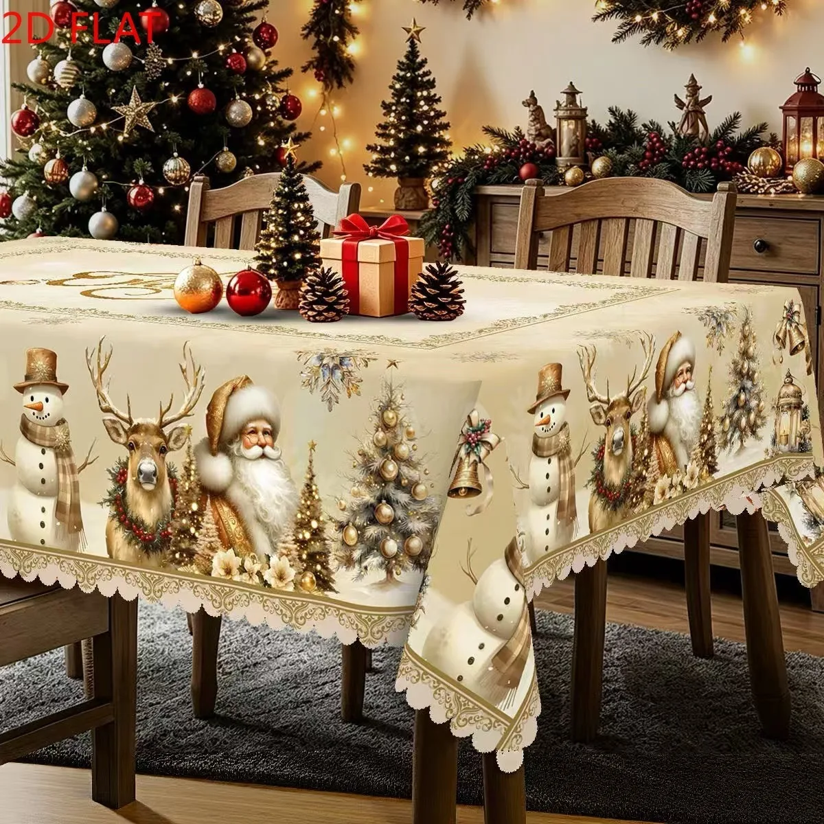 VIKAMA Christmas Snowman Reindeer Santa Tablecloth Cream Tree Bell Lace Border Washable Rectangle Table Cover for Dining