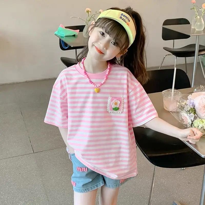 2026 New Girls Summer T-Shirt Kids Short Sleeve Cute Korean Inspired Casual Tee Breathable Top for Little Girl Trendy Outfit​
