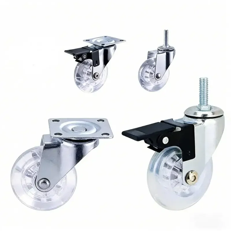 4Pcs 1.5 Inch M8x15mm Screw Caster Wheels | Clear Crystal PU Polyurethane Universal Casters for Display Cabinets, Baby Cots