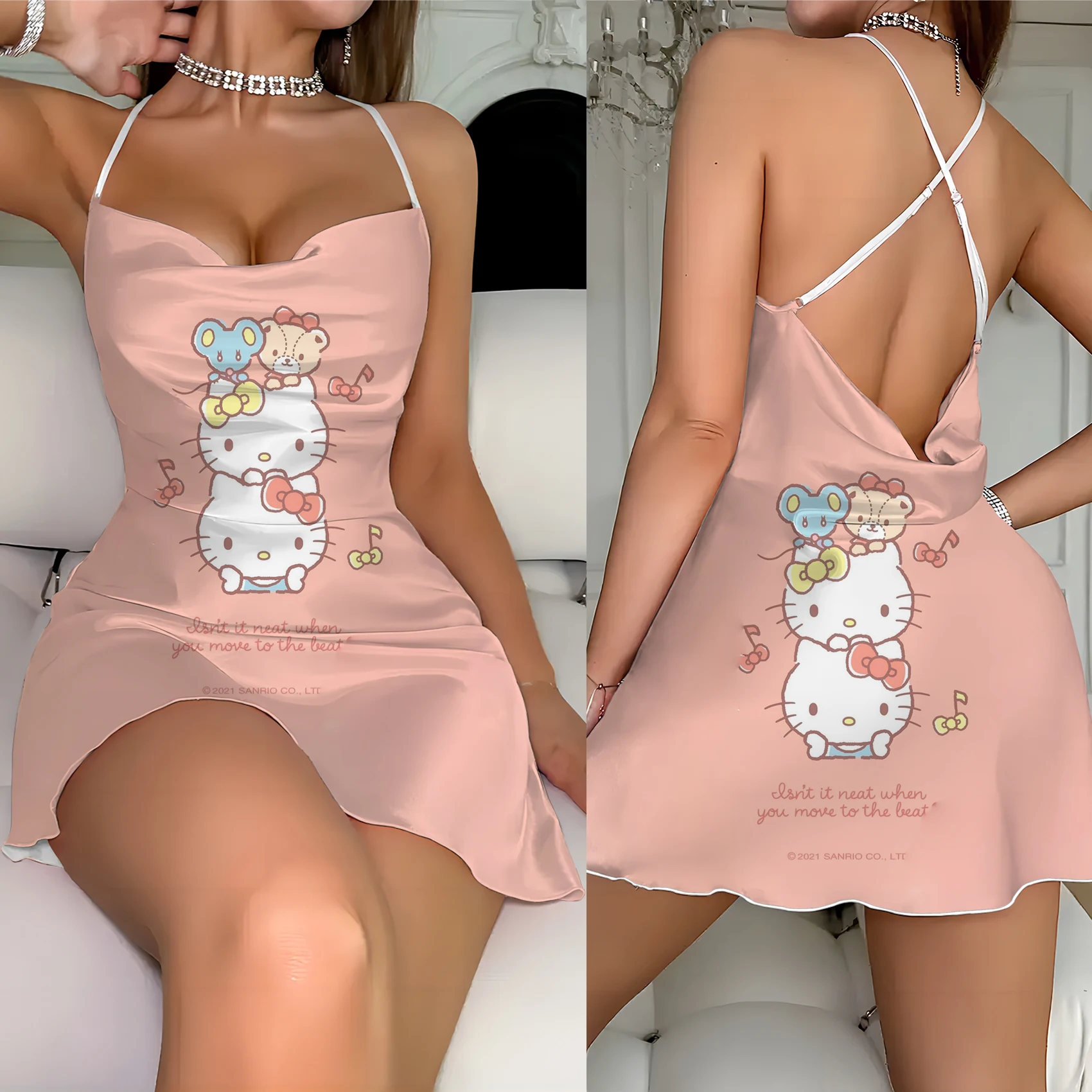 

Hello Kitty Slip Dress Elegant Gown Fashion Summer Dresses 2024 Holiday Outfits Womens Woman Clothes Lettuce Trim Crew Neck Neck