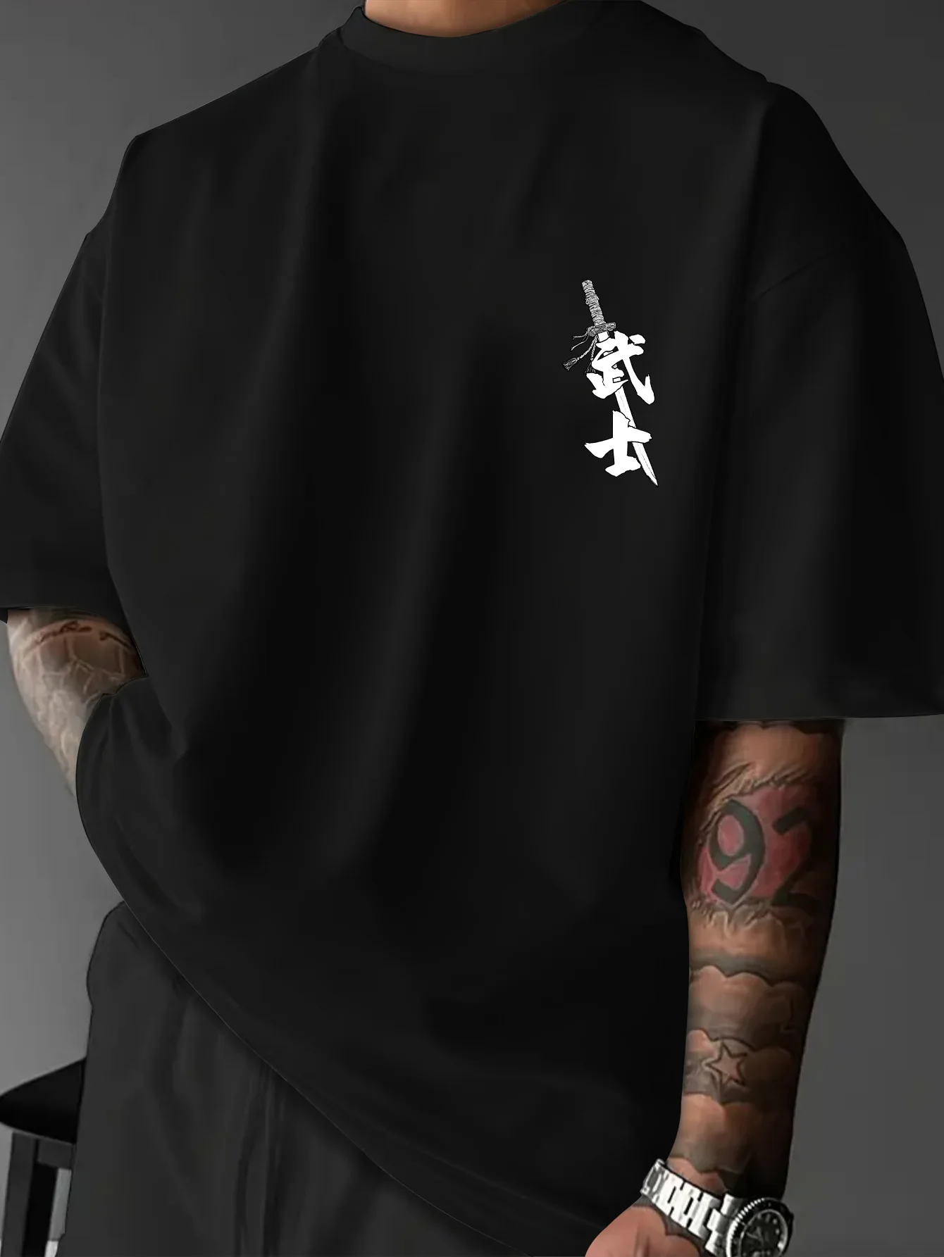 Men's Hip Hop Short Sleeve Tee, Sakura Cherry Blossom Samurai Blade Japanese Art Back Print, Polyester, Party Outfits, S-XXL