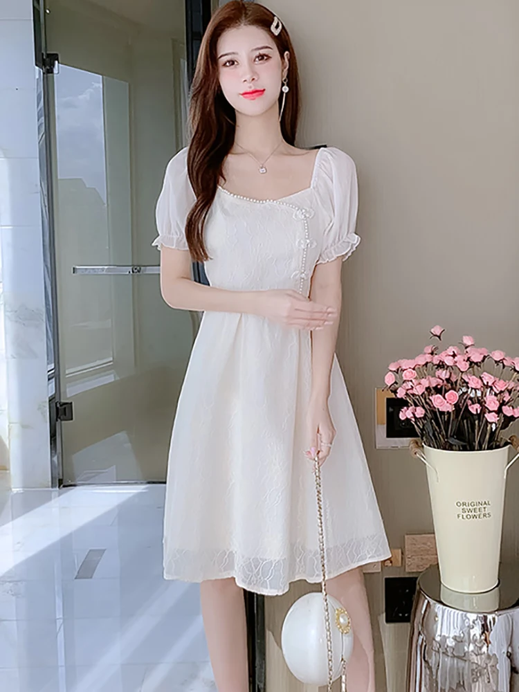 Women Korean Vintage Luxury Midi Dress Summer White Jacquard Chic Beading Square Collar Dress 2025 New Elegant Bodycon Vestidos