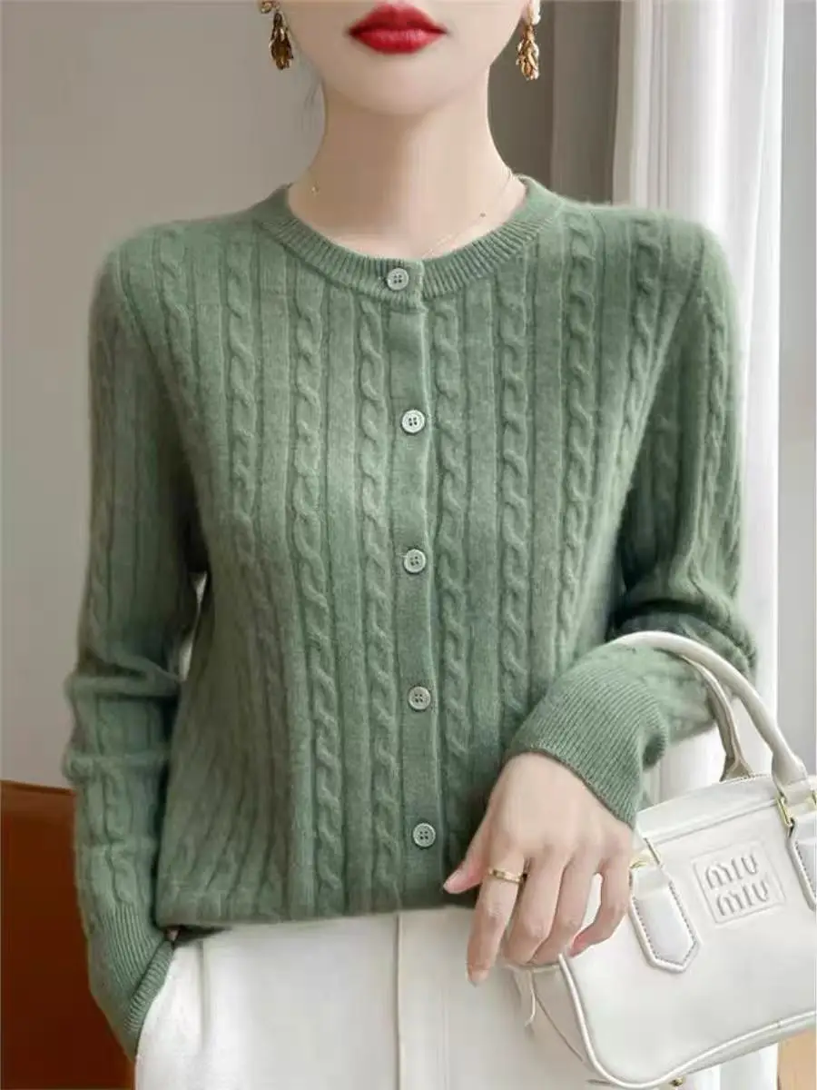 Ay malha bordada redonda Ne Open Cardigan Outerwear botão único primavera outono suéter top simples solto sle longo S...