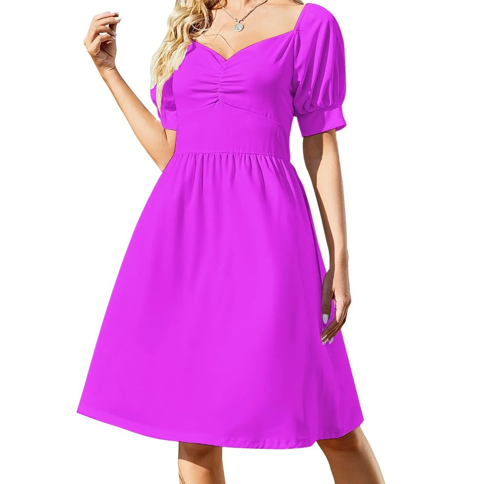 

Cheap Solid Bright Neon Pink Color Short-Sleeved Dress prom dresses birthday dress for women dress women elegant luxury