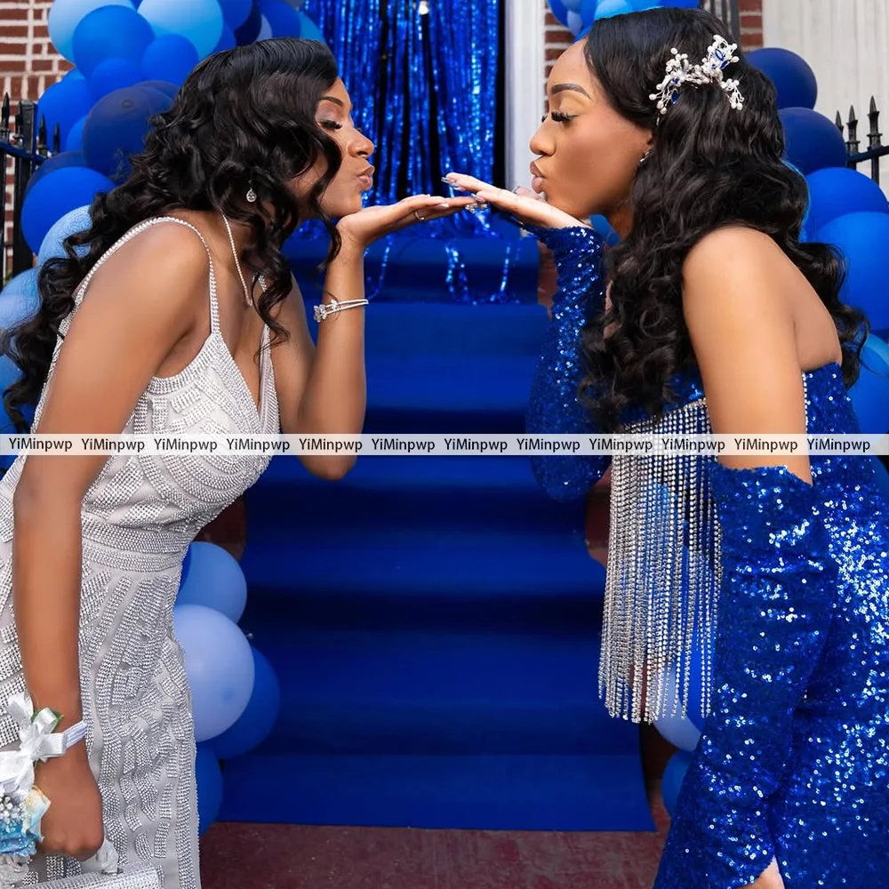 Afrikanische Pailletten Party Abendkleider Frau Quaste Meerjungfrau Side Split Elegante Luxus Sweep Zug Blau Ärmellos Angepasst