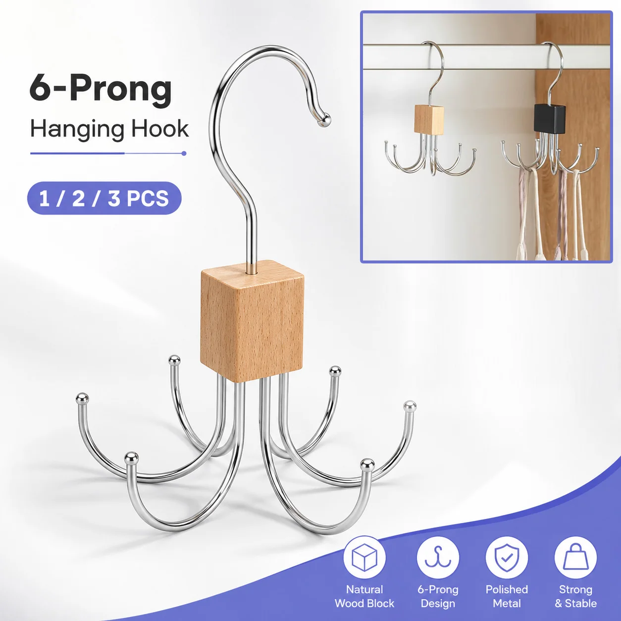 1/2/3PCS 6-Claw Rotatable Hanger Hook 360° Swivel Closet Organizer Space Saving For Home Dorm Belt Scarves Lingerie Ties Handbag