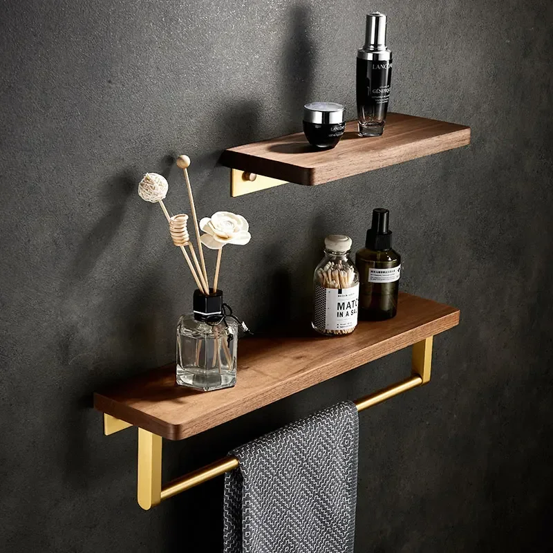 

Solid Wood Bathroom Shelf Storage for Cosmetic Non Punch Towel Rack Gold Metal Washbasin Organization Shelves Walnut