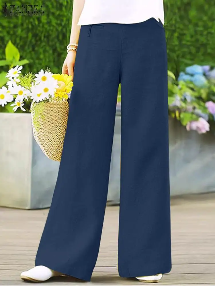 

Women Summer Trousers ZANZEA 2024 Casual Elastic Waist Long Pantalon Wide Leg Palazzo Fashion OL Work Pants Female Baggy Turnip