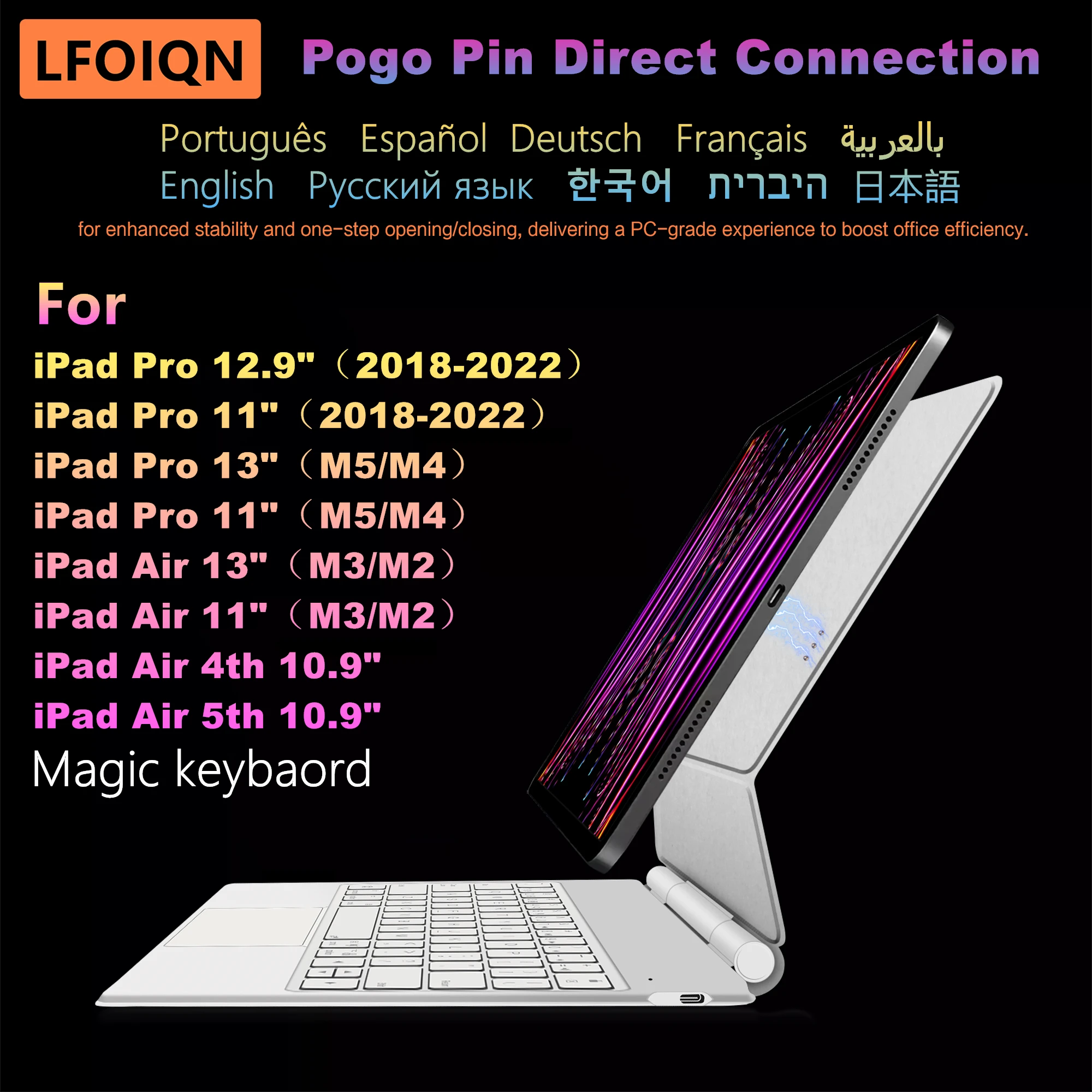 LFOIQN Smart Pogo Pin Keyboard Case For iPad Pro 12.9 inch 3rd 4th 5th 6th 2018-2022 Pro11 M5 M4 Air 11 13 M3 M2 Magic Cover
