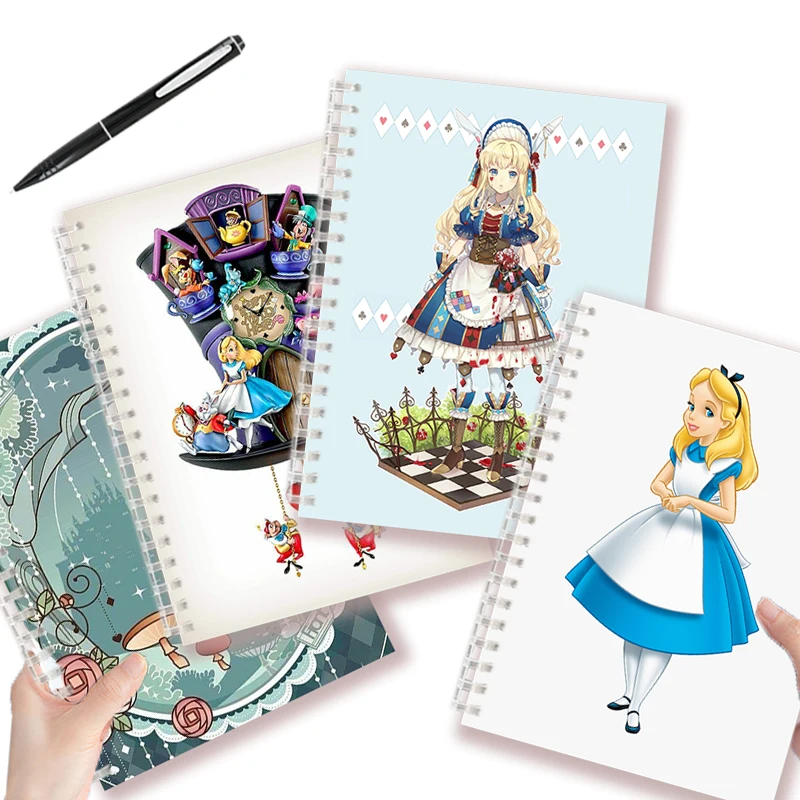 desenhos animados filme alice no pais das maravilhas caderno a5 espiral nota livro personagens disney myethos figuras bonito coelho gato de fadas criancas presente 01