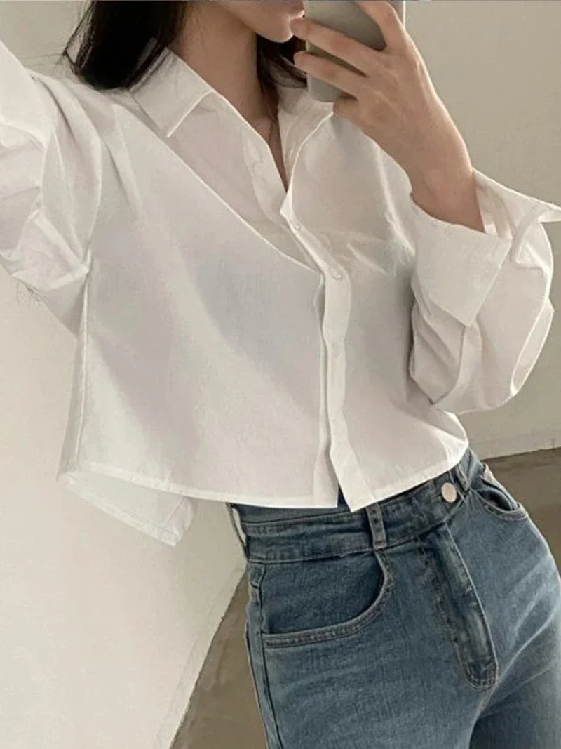 White Shirts Women Korean Style Buttons Folds Slim Fit Crop Tops Female All-Match Daily Design Office Long Sleeve Blouses