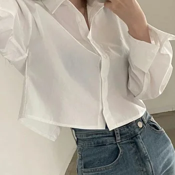 여성용 화이트 셔츠, 한국 스타일 버튼 폴드 슬림핏 크롭탑, 여성 올매치 데일리 디자인, 사무실 긴팔 블라우스 