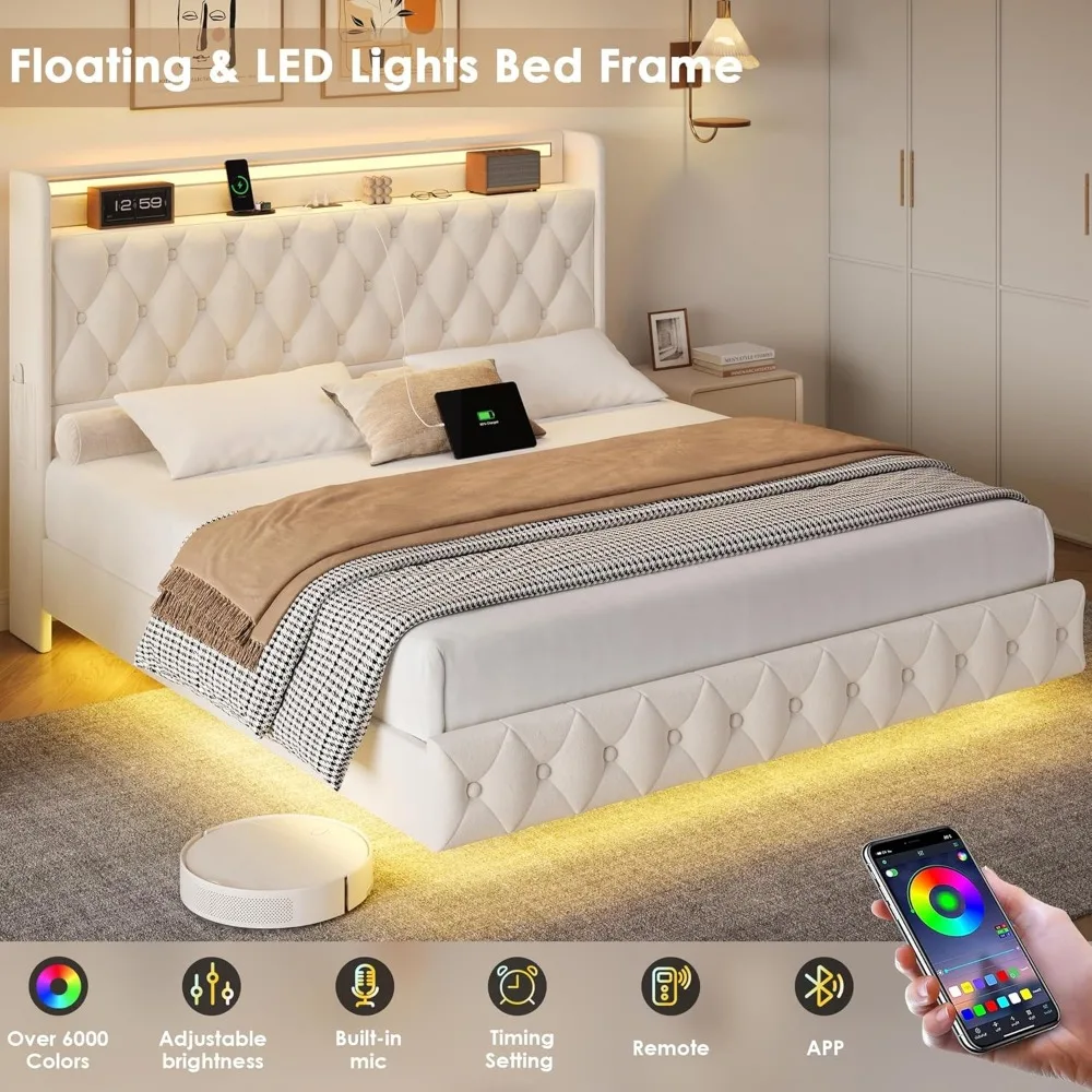 Floating Bed Frame Queen Size Platform with LED Lights, USB Charging Station Headboard Modern Upholstered Velvet Fabric Bed image 3