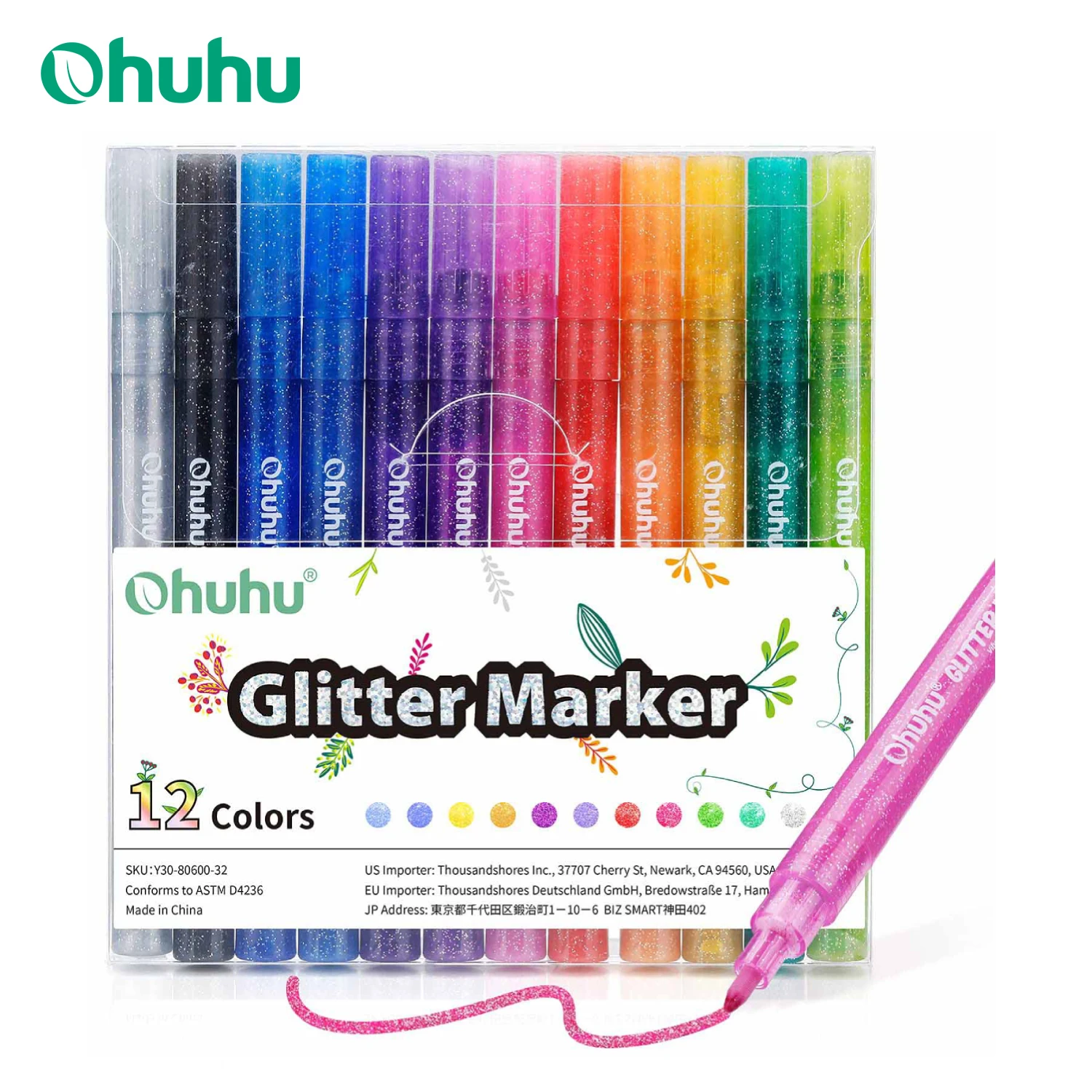 Ohuhu Glitter Metallic Marker Pens Glitter Colors Markers Fine Point Tip Water-based Metallic Shimmer Markers for DIY Drawing