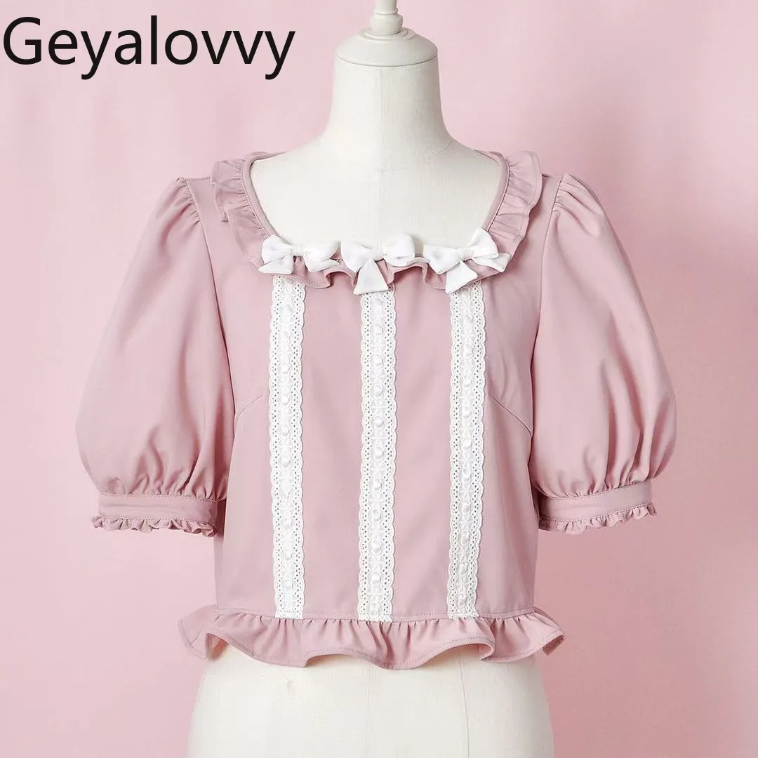 

Осень-зима, новые пышные кружевные топы с короткими рукавами и бантом, милая милая блузка для девочек, универсальная женская футболка в стиле Лолиты массового производства