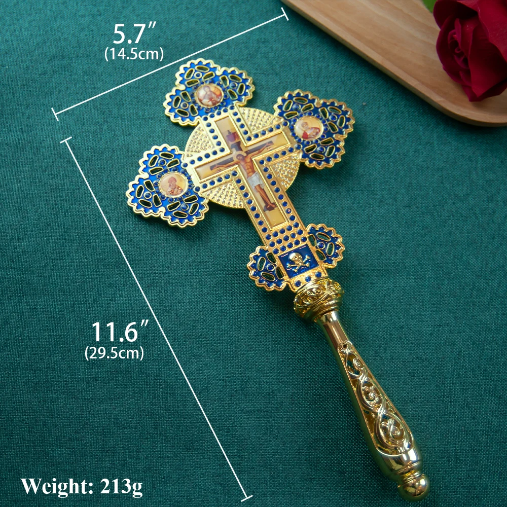 HTISOK Orthodoxes Segenskreuz Hochwertige Zinklegierung mit Blauen Edelsteinen für Kirchensegen, Gebet und Gottesdienst Religiöses Kreuz – Detail 3
