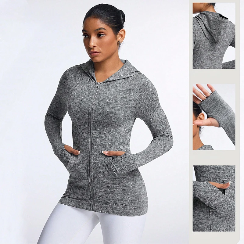 

Women's Thin Gray Sports Jacket Spring Sutumn Stretch Slimming Hooded Sweatshirts American Pocket Zipper Fitness Quick Dry Coats