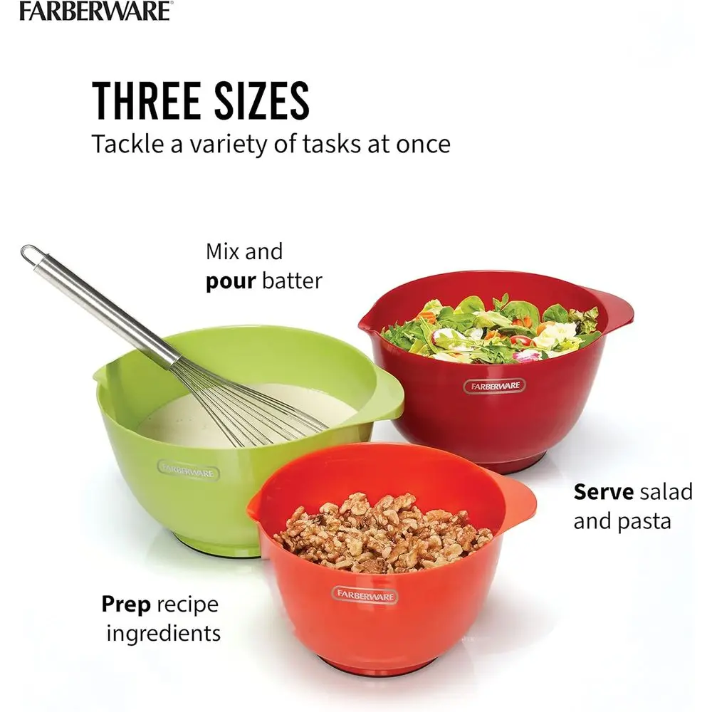 Set of 3 Plastic Mixing Bowls in Orange, Red, and Light Green