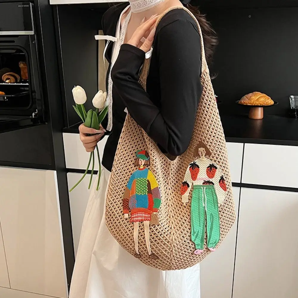 

Nylon Knitted Shoulder Bag Lightweight Crochet Design Hollow Out Bag Embroidery Weave Large Capacity Tote Bag Shopping