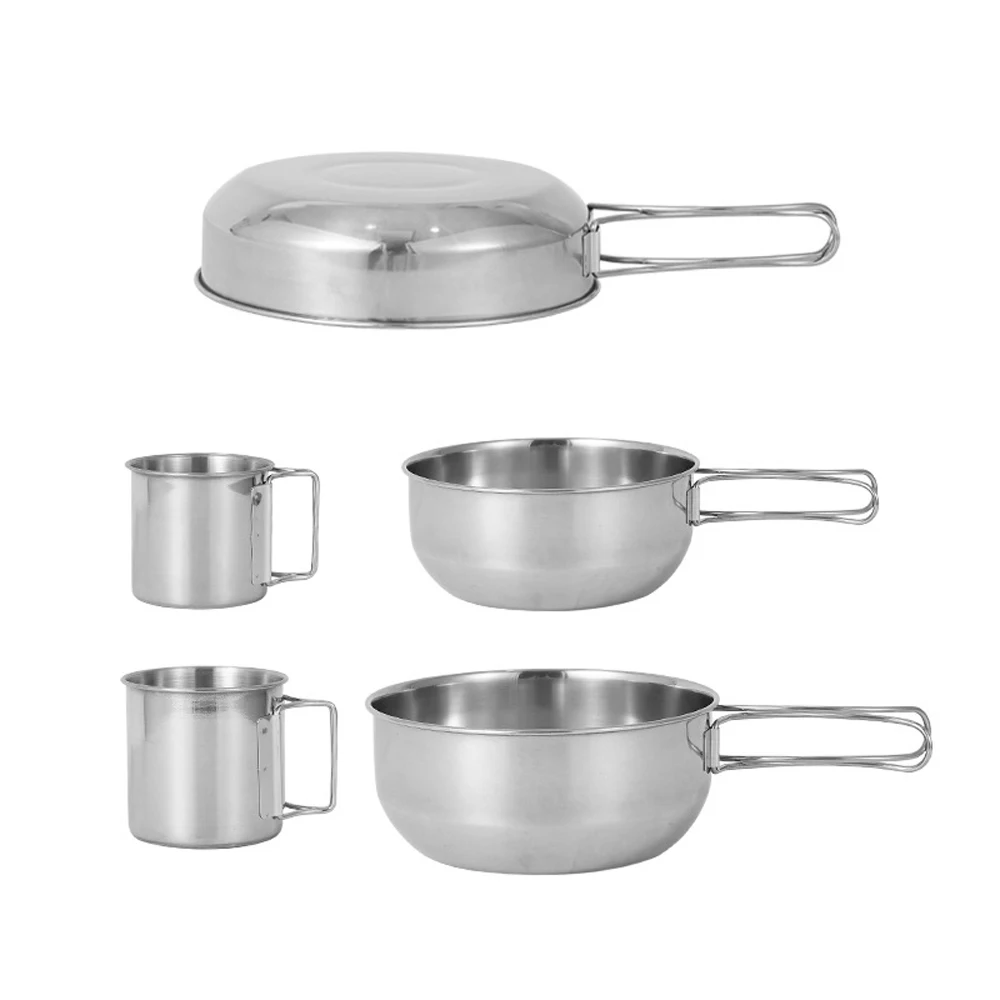 

5pcs Camping Cookware Set Outdoor Portable Picnic Cookware Kit Stainless Steel Travel Tableware Cooking Bowl Cups Pan Set
