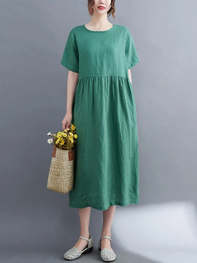 

Women Summer Casual Dress New Arrival 2023 Vintage Style O-neck Solid Color Loose Comfortable Female A-line Long Dresses B2535