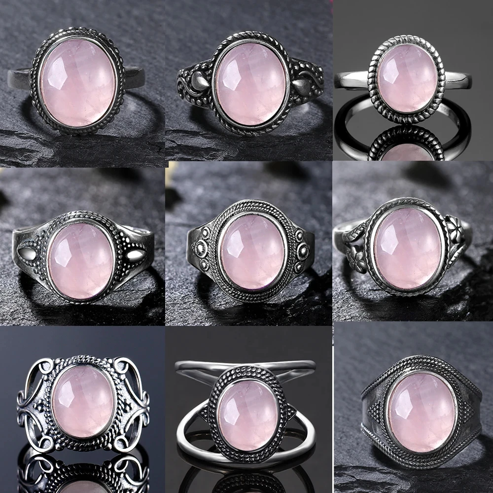 S925 Sterling Silver Ring Oval Round Rose Natural Quartz Ring for Women Gift Sun Shaped Retro Jewelry