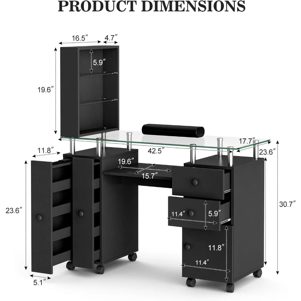 Mesa de manicura, mesa de tecnología para uñas con tapa de vidrio, estación de escritorio para tecnología de uñas con estantes, cojín para muñeca, ruedas bloqueables, cajones