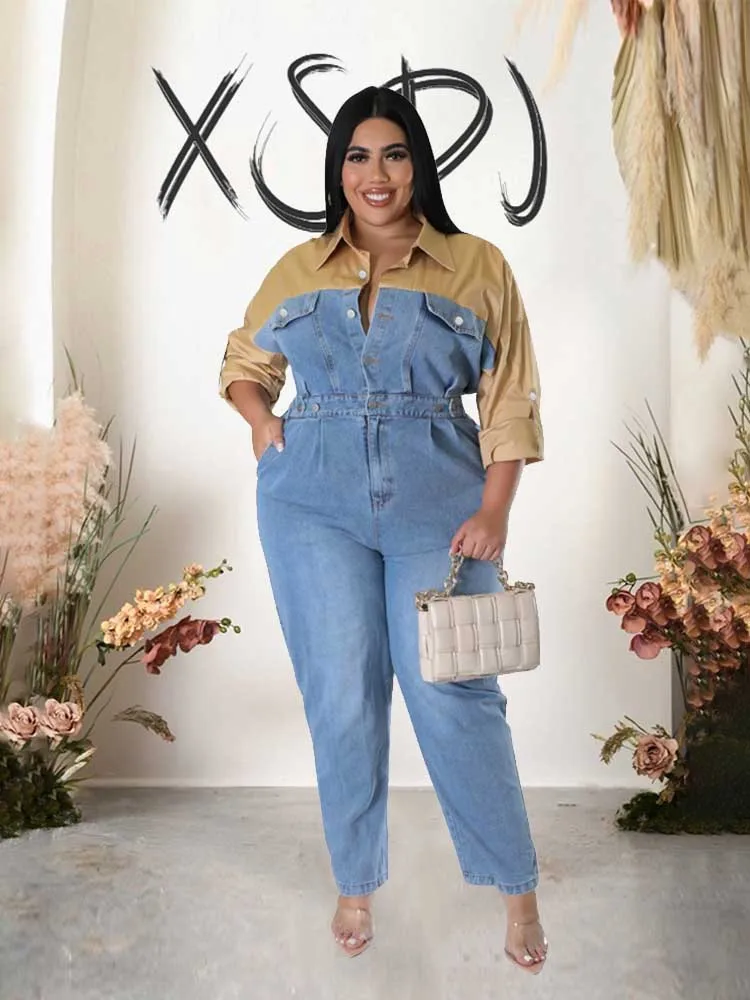 Casual Elegant Womens Jumpsuits with Jeans Autumn Winter Long Sleeve One Piece Outifts Cotton and Denim Jumpsuit Plus Size Lady