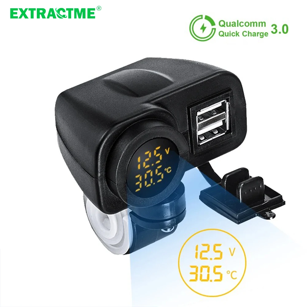 Extractme Motorcycle Charger 12V 36W QC3.0 Digital Display Dual USB Phone Fast Charger Voltmeter Thermometer Socket