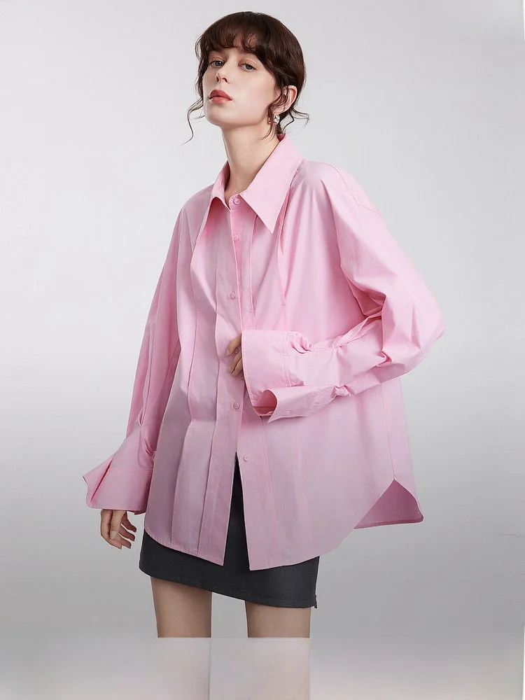 

Unique Design Pink Shirt Women's Fashion Spring New Style ELLE Small Crowd Shirt Loose Fit Pure Cotton Long Sleeve Button up