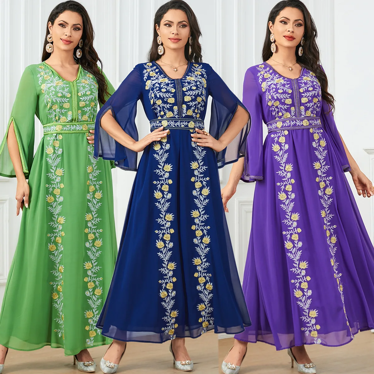 

Elegant Long Robe Dress with Heavy Embroidery And Wide Hemline for Women Spring Summer Fashion Ladies' Gown Maxi Skirt