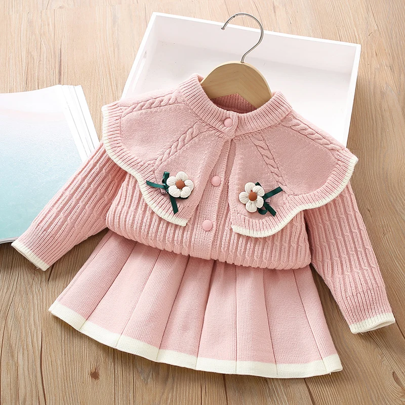2026 New Spring Children Knitted Clothes Suit Long Sleeved Knitted Cardigan Coat+Short Skirt 2-6Yrs Baby Girls Clothing Set