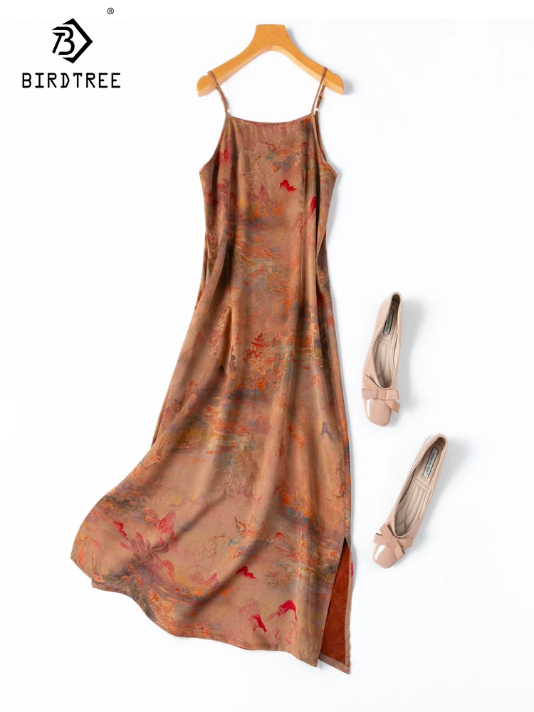 

BirdTree, 28MM 100%Real Silk XiangYunSha Dresses, Women Spaghetti Strap Printed, Retro Party OL Slim Dress, 2024 Summer D44781QC