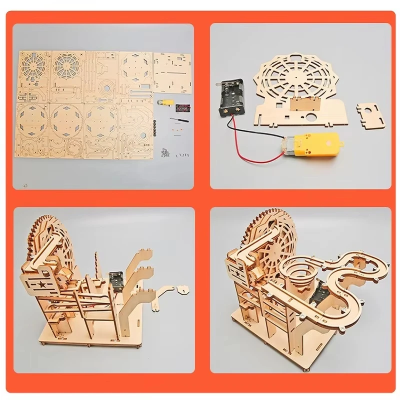 Quebra-cabeça de madeira 3d para crianças, presente, montanha-russa, corrediça de mármore, kit de madeira, modelo mecânico elétrico, brinquedo diy de construção