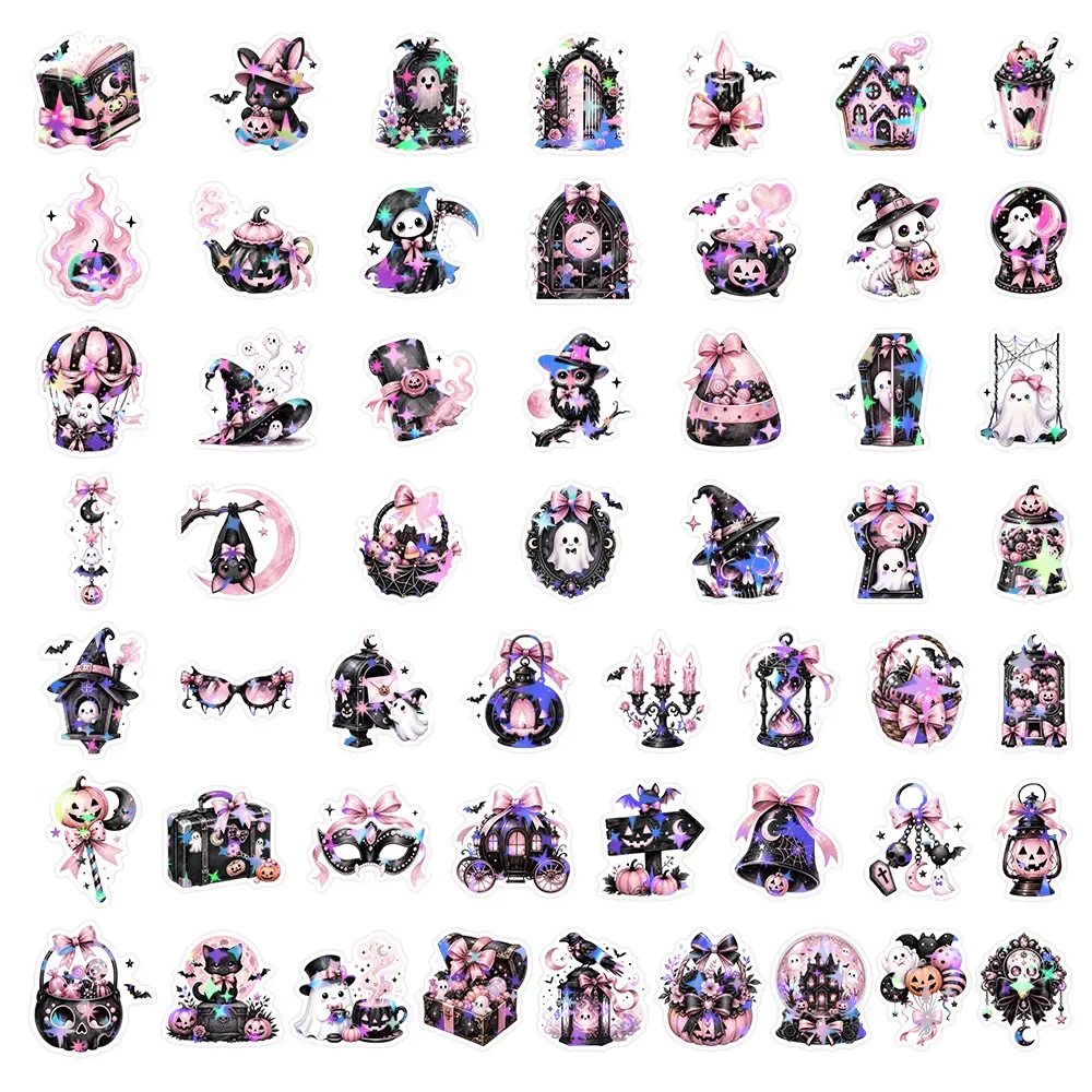50PCS Halloween Cartoon, Black Pink Pumpkin Ghost Castle Graffiti, Waterproof Vinyl Decals for Phone Luggage Journal Laptop Gift