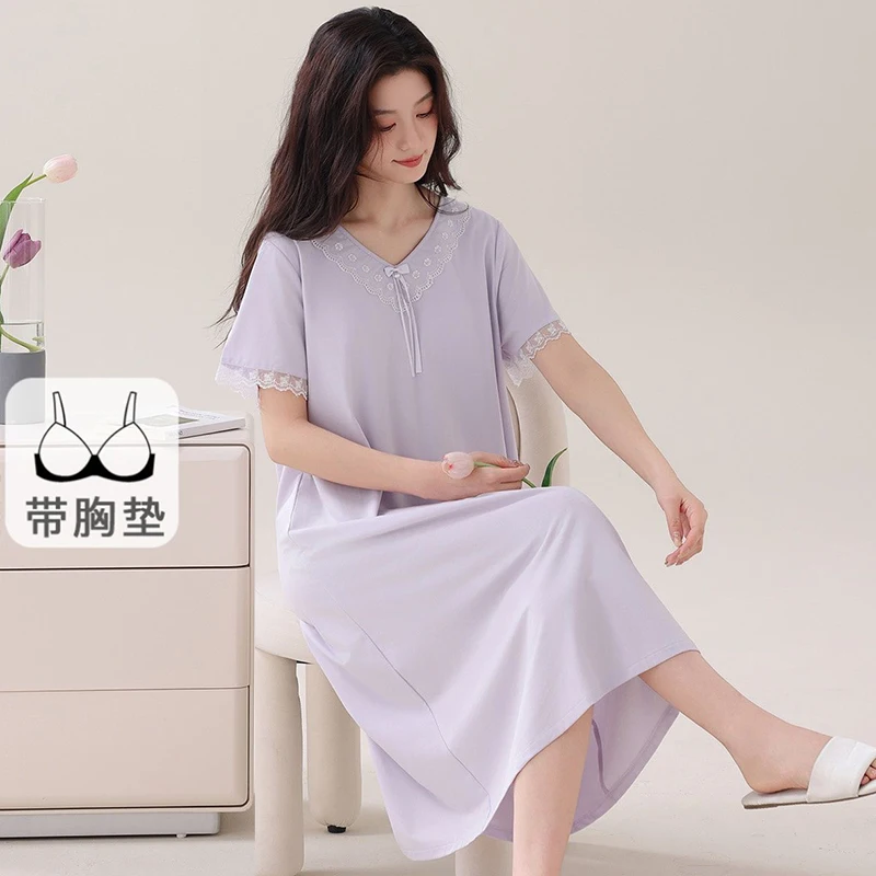 

2026 Summer Short Sleeve Cute Lace V-neck Cotton Nightgowns for Women Korean Loose Sleepwear Night Dress Nightdress Home Nighty